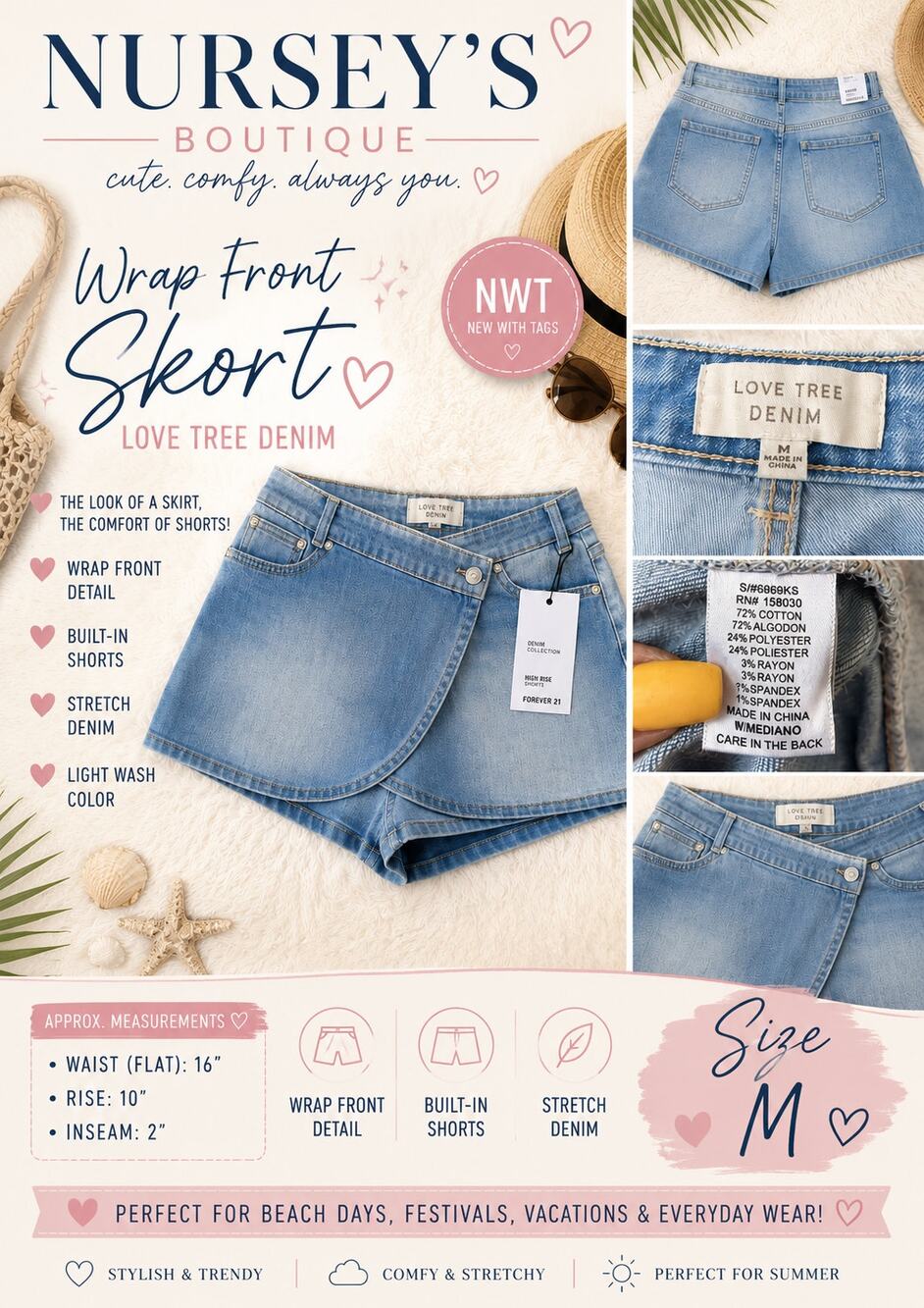 Love Tree Denim Wrap Front Skort Shorts Light Wash Stretch NWT Medium